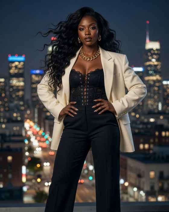 Bri in an ivory blazer over the city at night
